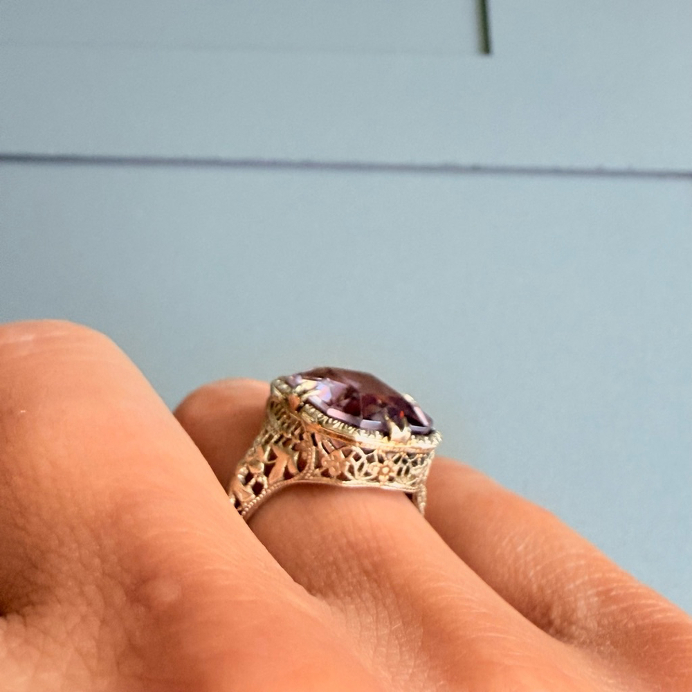 Estate 14K White Gold Antique Art Deco 5 CT Emerald Cut Amethyst Ring - Picture 4 of 13